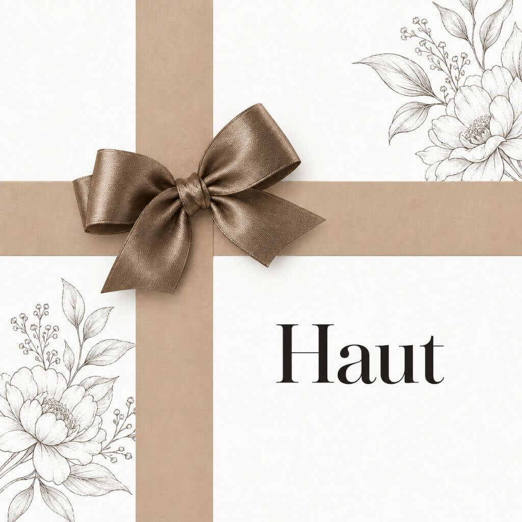Geschenkverpackung mit goldener Schleife und Schriftzug Haut für den Kosmetik-Gutschein
