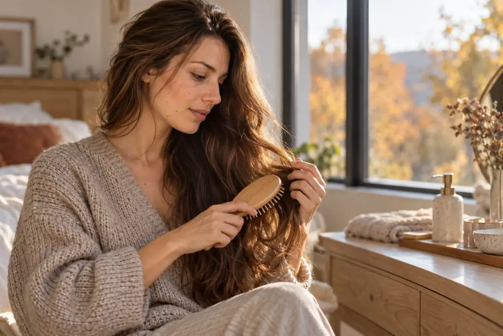 Haarpflege im Herbst: Frau bürstet ihr gesundes, glänzendes Haar